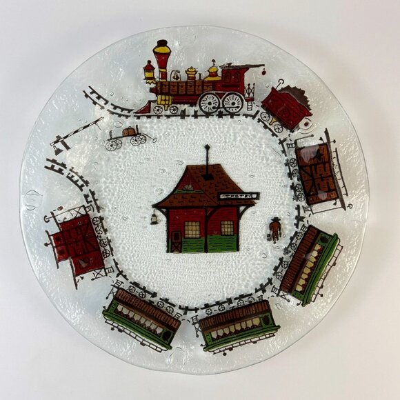 Vintage Abram Ellsworth Grove Fused Glass Plate Steam Railroad Train Station